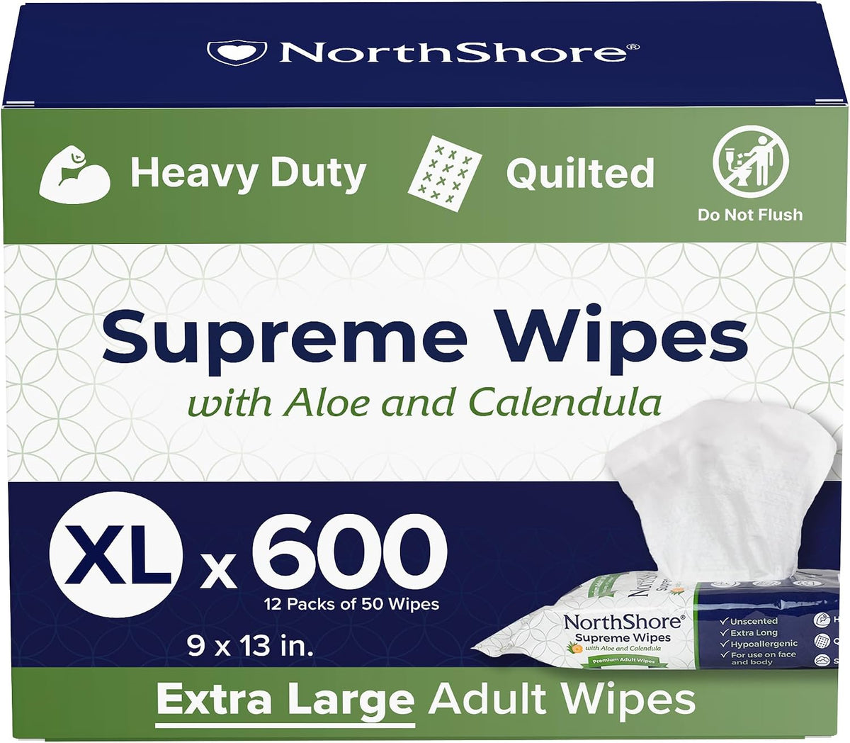 NorthShore Supreme Quilted Skin Cleansing Wipes, X-Large, 600 Count